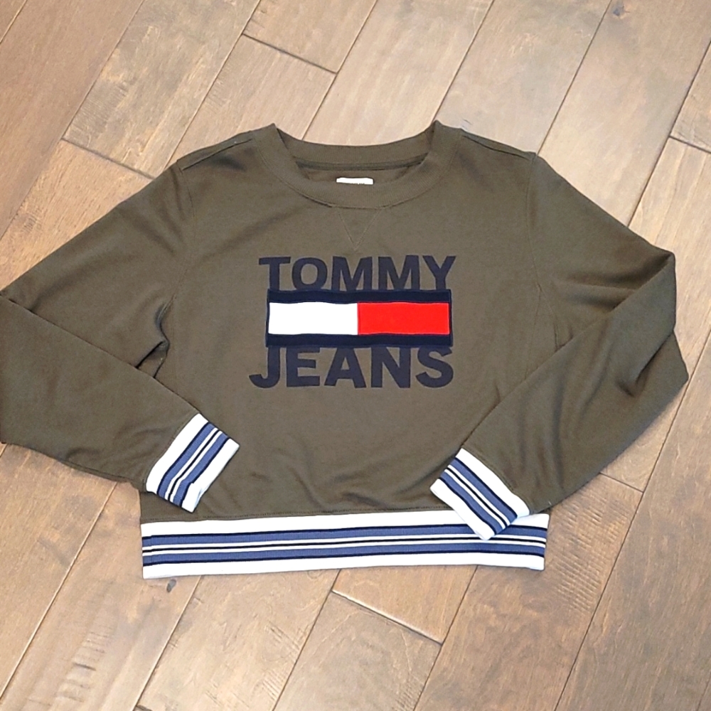Womens Medium Tommy Hilfiger Sweatshirt, 90s Style Sweatshirt, Olive Green